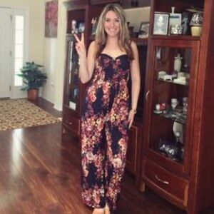 Band of gypsies navy floral print jumpsuit pink yellow busitier